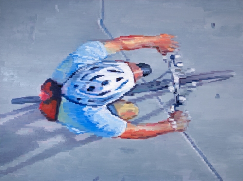 Cyclist Wearing Helmet Riding in Santa Monica, large figure painting